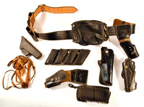 Leather gear mixed lot of belt, 3 cartridge pouches, and 6 holsters