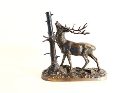 Bronze red stag sculpture with tree trunk by Müller - Vienna