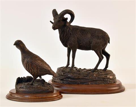 Bronze sculpture bundle lot mouflon ram and redlegged partridge, by More