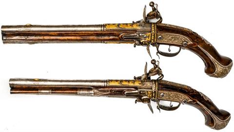 Paar doppelläufige Steinschloss-Wender-Pistolen, Amat Francesch - Spanien, Wender Kaliber 20, #ohne, § frei ab 18