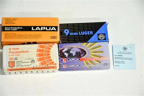 pistol cartridges 9 mm Luger, Geco and Lapua, bundle lot, § B