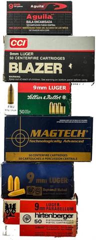 pistol cartridges 9 mm Luger, various makers, bundle lot, § B