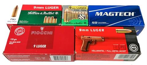 pistol cartridges 9 mm Luger, various manufacturers, bundle lot, § B