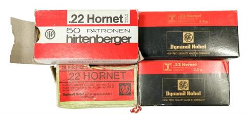 Büchsenpatronen .22 Hornet, RWS und Hirtenberger - Konvolut, § frei ab 18