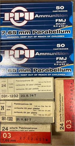 pistol cartridges 7,65 Parabellum, PPU and Swiss manufacture, bundle lot - § B