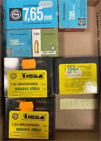 pistol cartridges 7,65 mm Browning, Geco, SB and Libra (shot load), bundle lot - § B